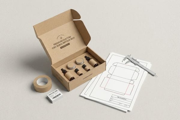 CBD Subscription Box Design Open 'Premium Custom CBD Subscription Box' with amber bottles, jars, kraft tape, 'Sample Label' sheets, and dieline plans with a caliper.
