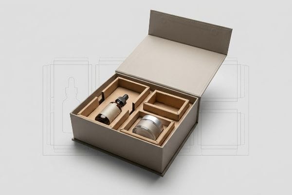 Custom CBD Packaging Box Light beige rigid CBD box with custom paperboard insert, housing an amber dropper bottle and glass cosmetic jar, over faint packaging blueprints.