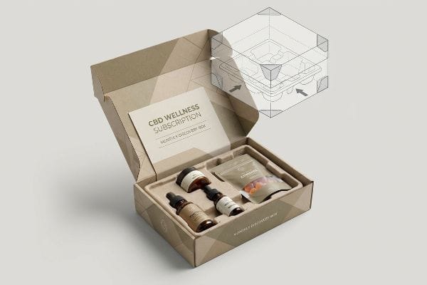 CBD Subscription Box Packaging An open brown cardboard Cbd Wellness Subscription box displays CBD tinctures, a jar, and gummies, with a packaging diagram of the custom insert.