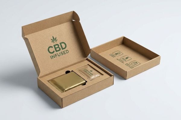 CBD Infused Chocolate Packaging An open kraft paper corrugated box displays CBD Infused chocolate packaging with a gold-wrapped bar and Certified Compliance pouch.