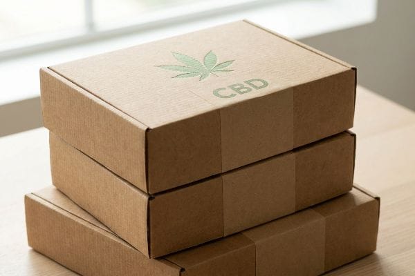 صناديق تغليف منتجات CBD قابلة للتكديس مجموعة من ثلاث علب تغليف بنية اللون مصنوعة من الكرتون المموج لمنتجات CBD، مع شعار ورقة القنب الخضراء على العلبة العلوية.