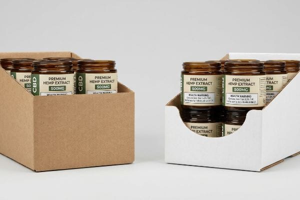 CBD Display Trays Compliance Brown kraft and white corrugated display trays with Premium Hemp Extract 500mg CBD jars, the white tray's custom swoop ensures Health Warning visibility.