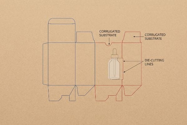 Plantilla troquelada de cartón corrugado para la caja de un frasco cuentagotas de CBD, que ilustra las líneas de troquelado y la estructura interna sobre un fondo de papel kraft.