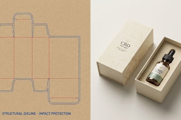 CBD Gift Box Dieline An open cream CBD gift box with a CBD tincture dropper bottle, alongside its structural dieline for impact protection.