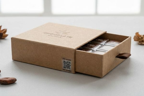 A partially open kraft paper CBD chocolate box reveals individually wrapped Cbd Infused chocolates, with 'Chocolate' logo and QR code.