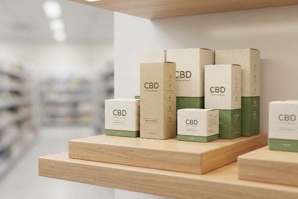 Verkaufsdisplay für CBD-Produkte Auf einem hellen Holzregal sind verschiedene CBD-Produktverpackungen aus Kraftpapier mit grünen Akzenten ordentlich in einer Verkaufsumgebung ausgestellt.