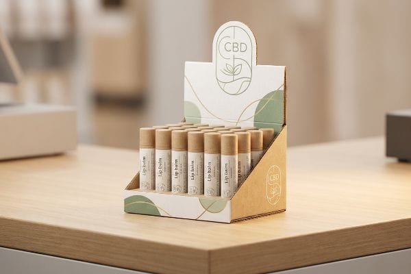 Cbd Lip Balm Display A retail countertop features a natural brown corrugated cardboard Cbd lip balm display packaging with green and gold leaf patterns, filled with numerous Lip Balm tubes.