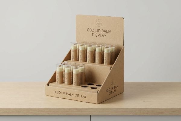 CBD Lip Balm Display A two-tiered kraft cardboard Cbd Lip Balm Display stand filled with lip balm tubes, optimized for retail sales.