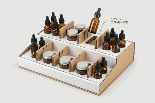 White and kraft brown CBD packaging display with modular dividers securing amber glass dropper bottles and jars, featuring 0.25 inch Clearance.