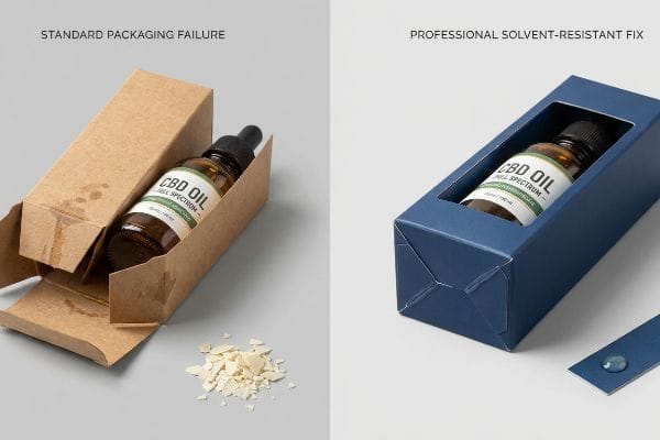 CBD Packaging Failure Fix Standard Packaging Failure shows a brown cardboard box for CBD Oil Full Spectrum with visible liquid stains and dissolved glue flakes, contrasted with a Professional Solvent-Resistant Fix blue carton.