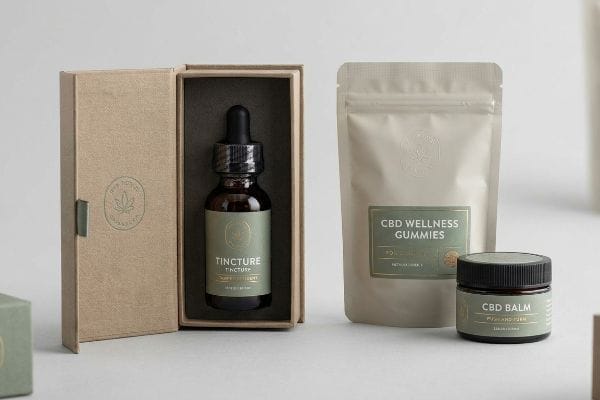 Premium CBD products: an open kraft paper box with a Tincture dropper bottle, a stand-up pouch of CBD Wellness Gummies, and a jar of CBD Balm, all with green and gold labels.