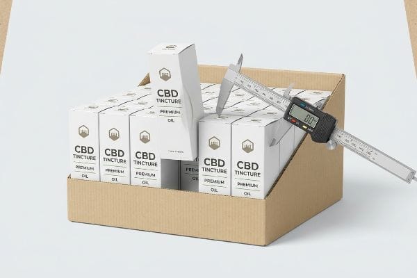 CBD Box Caliper Measurement A digital caliper measures the width of a white CBD Tincture Premium Oil box inside a corrugated cardboard display tray.
