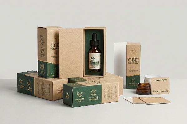 Embalagem de tintura de CBD Caixas de tintura de CBD em papel kraft com detalhes em verde escuro e folha dourada, exibindo rótulos com tinta à base de soja, materiais não tóxicos e em conformidade com a CPSIA.