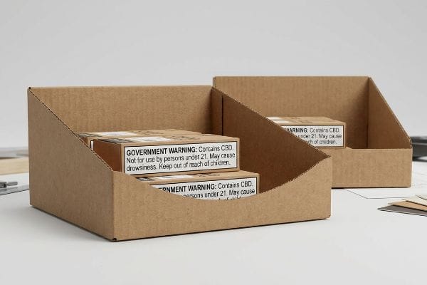 Brown corrugated display trays hold CBD product boxes, clearly showing 'Government Warning: Contains CBD' labels, with a custom die-cut lip.