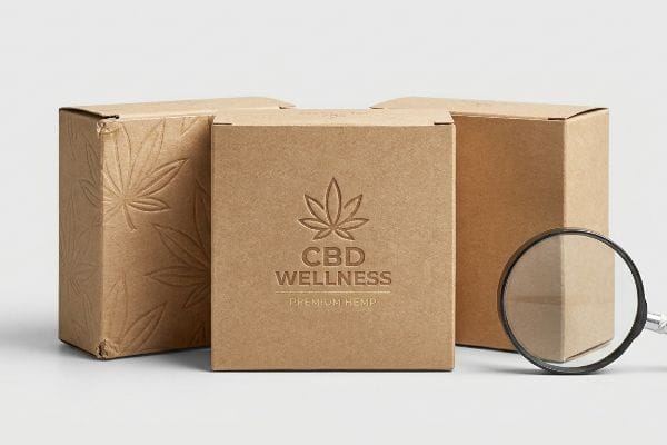 Premium CBD Wellness Packaging Brown kraft paper CBD Wellness boxes, one with a debossed cannabis leaf logo and 'Premium Hemp' text, highlighting premium packaging.