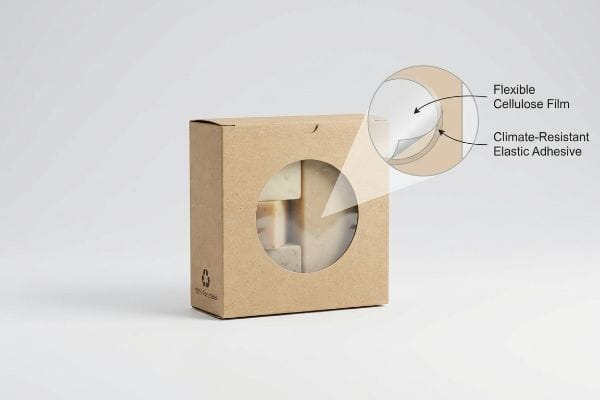 Brown kraft window box with product bars, showing Flexible Cellulose Film and Climate-Resistant Elastic Adhesive in a magnified view, with a 100% Recyclable symbol.