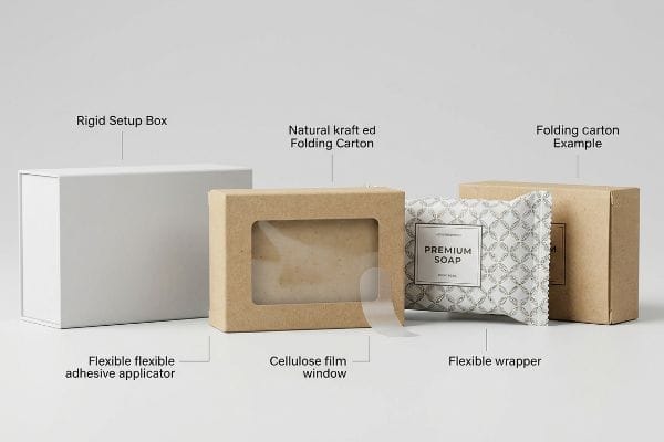 Soap Packaging Types Rigid setup box, natural kraft folding carton with cellulose film window, flexible wrapper for Premium Soap, and folding carton example.