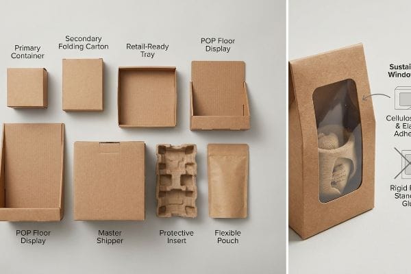 Sustainable Packaging Types Kraft paperboard packaging types: Primary Container, Secondary Folding Carton, Retail-Ready Tray, POP Floor Display, Master Shipper, Protective Insert, Flexible Pouch, and a sustainable window box featuring cellulose and elastic adhesive.