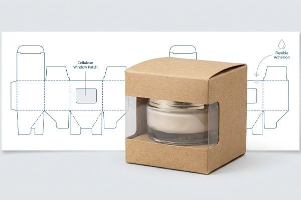 Window Patch Carton Dieline Brown kraft die-cut window carton with a glass jar, beside its dieline highlighting "Cellulose Window Patch" and "Flexible Adhesion".