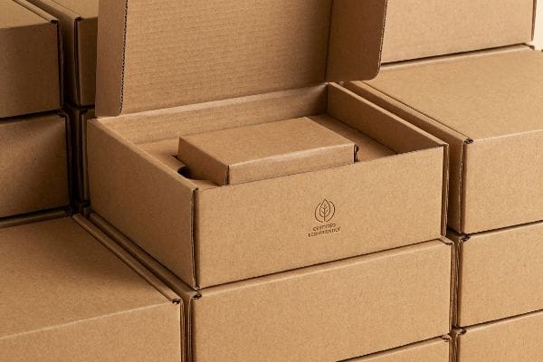 عبوات كرتونية مموجة صديقة للبيئة صناديق كرتونية بنية اللون مكدسة، أحدها مفتوح ويحتوي على صندوق داخلي وصندوق أصغر، يعرض شعار "معتمد صديق للبيئة".