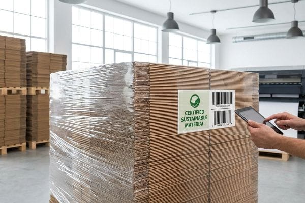 Sustainable Material Pallet Scan Cardboard sheets wrapped in plastic on a pallet, featuring a "Certified Sustainable Material" label with barcodes being scanned by a tablet.