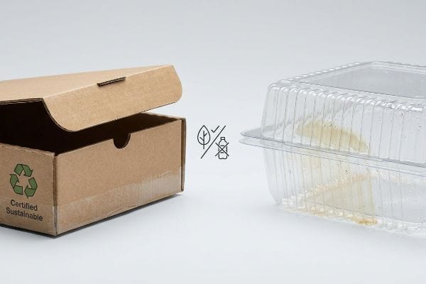 Ein zertifiziert nachhaltiger Karton mit Recycling-Symbol steht im Kontrast zu einem durchsichtigen Plastikbehälter und unterstreicht so die Nachhaltigkeit der Verpackung.