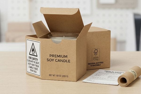 Kraft paper box with Premium Soy Candle, showing Fire Safety warnings, Net Wt 10 oz, FSC logo, and Chain of Custody Certification.