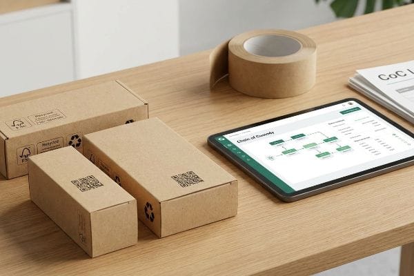 Sustainable Packaging Traceability FSC-certified recycled cardboard boxes, packaging tape, and a tablet showing a Chain of Custody (CoC) diagram, with CoC logs on a wooden desk.