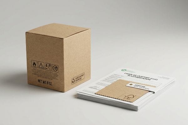 Kraft paper candle box displaying Net Wt. 8 Oz., safety warnings, and a Sustainably Sourced logo, next to Chain of Custody (CoC) Documentation with a Verified Raw Material swatch and FSC logo.