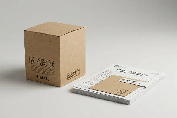 Documentation du Code de conduite de Candle Box Boîte à bougie en papier kraft affichant un poids net de 8 oz, des avertissements de sécurité et un logo d'approvisionnement durable, à côté de la documentation de la chaîne de contrôle (CoC) avec un échantillon de matière première vérifiée et le logo FSC.