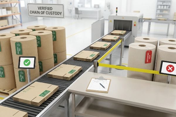 Cardboard boxes on a conveyor belt, under a "Verified Chain of Custody" sign, contrasting certified (checkmark) and uncertified (red X) paper rolls.