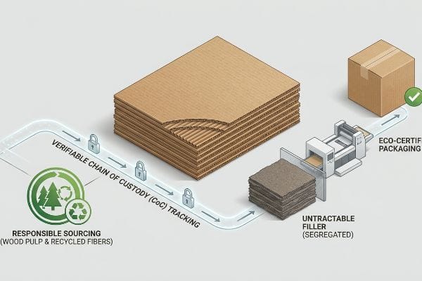 Eco-Certified Packaging Process Corrugated sheets demonstrate Verifiable Chain of Custody (CoC) Tracking for Eco-Certified Packaging, showing Responsible Sourcing and segregated Untractable Filler.