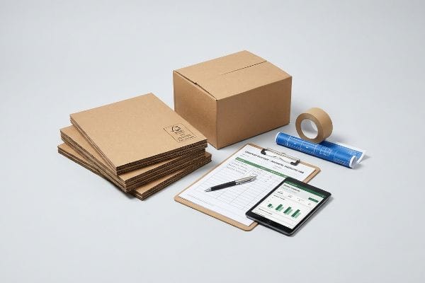Sustainable Packaging Traceability FSC certified Kraft cardboard packaging materials, a box, tape, and a Chain of Custody - Material Sourcing Log on a clipboard.
