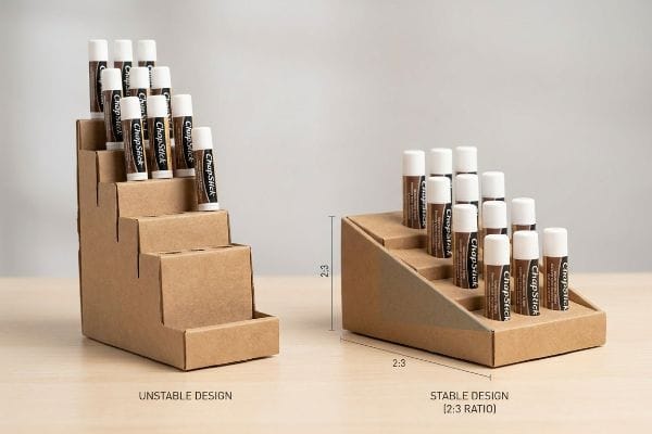 Stable ChapStick Display Ratio Cardboard tiered ChapStick displays, showing an Unstable Design next to a Stable Design with a 2:3 ratio for retail packaging.