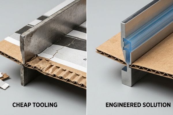Cheap vs Engineered Tooling Cardboard creasing comparison: Cheap Tooling causes cracking, while Engineered Solution with polymer channel ensures a clean fold.