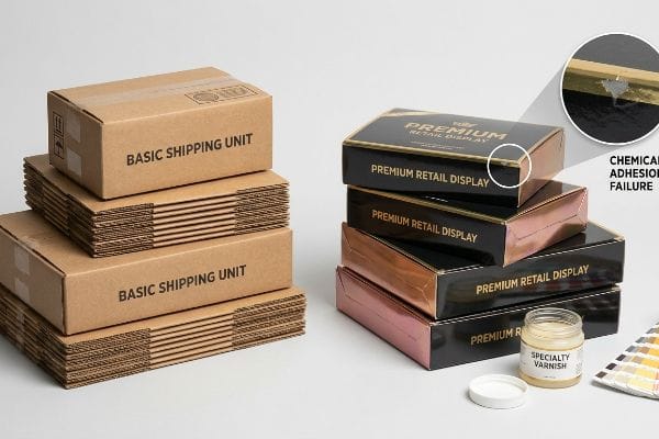 Packaging Adhesion Failure Corrugated Basic Shipping Units and Premium Retail Display boxes, one with Chemical Adhesion Failure, alongside Specialty Varnish.