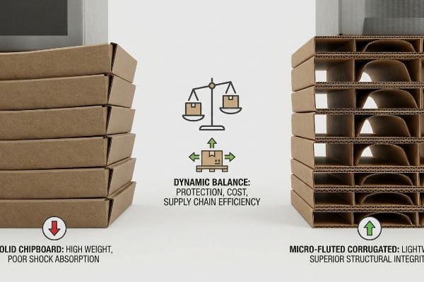 Solid Chipboard boxes, indicating High Weight and Poor Shock Absorption, are contrasted with Micro-Fluted Corrugated for Lightweight and Superior Structural Integrity, highlighting Dynamic Balance in packaging.