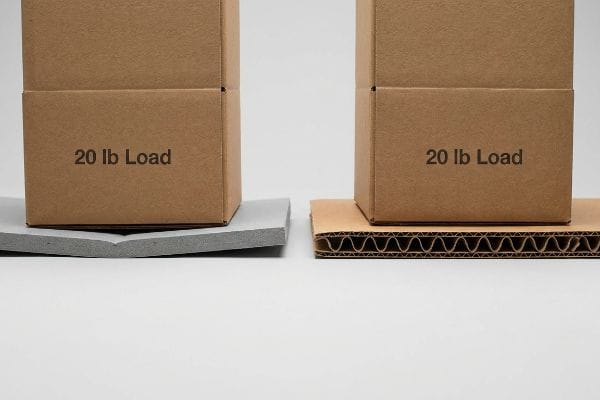 Corrugated vs Chipboard Strength A gray flat chipboard material bends under a 20 lb Load box, while a corrugated board supports an identical 20 lb Load box without bending.