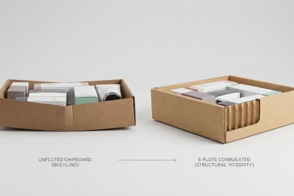 Unfluted Chipboard tray buckling under load next to a rigid E-Flute Corrugated tray demonstrating structural integrity with internal products.