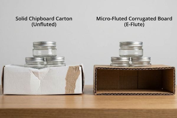 Chipboard vs Corrugated Strength Solid Chipboard Carton (Unfluted) visibly bowing under glass jars, contrasted with stable Micro-Fluted Corrugated Board (E-Flute) supporting identical jars.