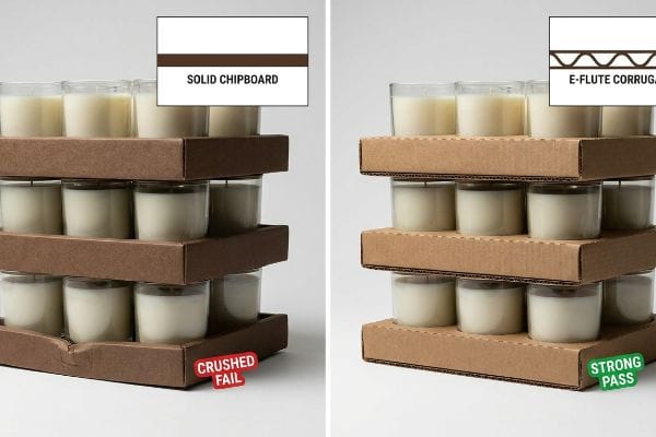 Solid Chipboard tray crushed under glass candles, contrasting E-Flute Corrugated packaging preventing transit damage.