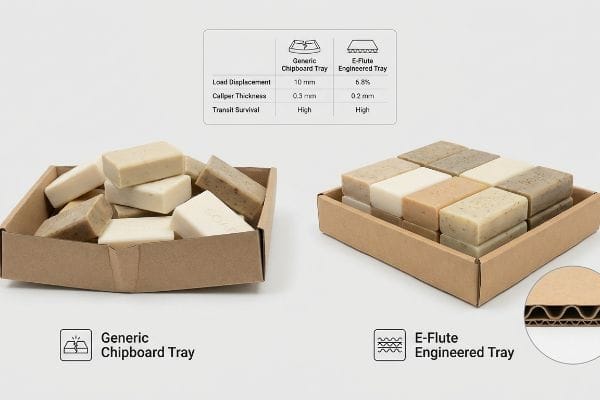 Tray Performance Comparison Comparison of a bowing Generic Chipboard Tray (10mm load displacement, 0.3mm caliper) and a stable E-Flute Engineered Tray (6.8% load displacement, 0.2mm caliper) holding soap bars.