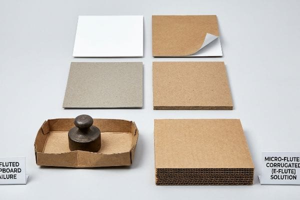 Unfluted Chipboard Failure Unfluted Chipboard Failure box with weight, contrasted by Micro-Flute Corrugated (E-Flute) Solution stack.