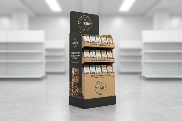 Трехъярусная картонная витрина Chitlent's Quarter-Pallet S-Grands, демонстрирующая упаковки выпечки в торговых рядах.