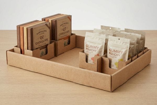 Corrugated cardboard display tray featuring modular dividers separating Harthlon's Chocolate bars from Gummy Pouchy bags.