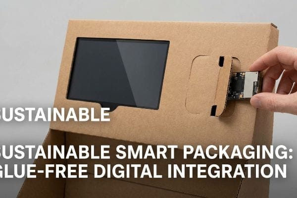 Smart Packaging Digital Integration Brown corrugated smart packaging with a screen cutout, a hand inserting a circuit board into a glue-free friction-lock cavity for Sustainable Digital Integration.