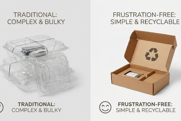 Contrasting Traditional: Complex & Bulky plastic clamshells with twist ties against Frustration-Free: Simple & Recyclable cardboard packaging and its recycling symbol.