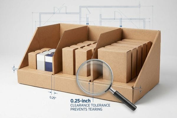 Cardboard Display Clearance Tolerance Corrugated cardboard display with modular dividers, product boxes, and a magnifying glass showing 0.25-inch clearance tolerance preventing tearing.