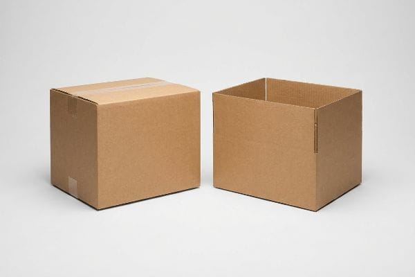 Two brown corrugated cardboard boxes, one closed Regular Slotted Container (RSC) and one open Half Slotted Container (HSC), on a white background.
