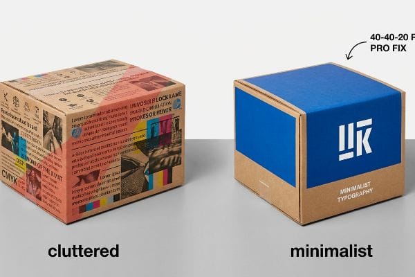 Cluttered vs Minimalist Packaging Kraft paper boxes contrasting cluttered Cmyk design with minimalist blue panel, white logo, and '40-40-20 Pro Fix' text.